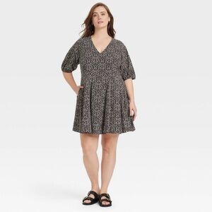 Universal Thread elbow sleeve mini a-line dress black floral size xxl